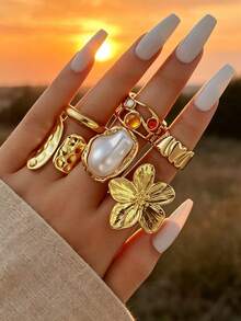 20/8/6pcs Vintage Luxury Casual Sunflower Tiger Eye Stone Flower Pearl Gold Rings Set, Suitable For Women's Daily Wear, Vacation, Party, Stacking - Gold - View 9