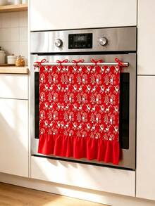 Christmas Oven & Dishwasher Door Curtain, Red Background With White Reindeer & Christmas Tree Print, Ruffled Edge With Red Bow, Holiday Kitchen Stove Decoration, Winter Home Party Kitchen Entryway Cabinet Decor Accessory - Red - View 1