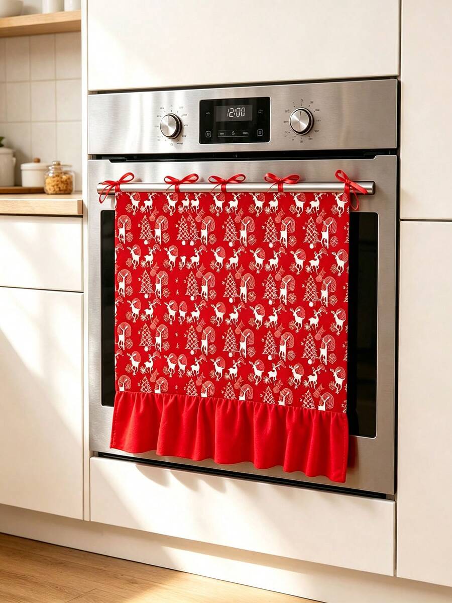 Christmas Oven & Dishwasher Door Curtain, Red Background With White Reindeer & Christmas Tree Print, Ruffled Edge With Red Bow, Holiday Kitchen Stove Decoration, Winter Home Party Kitchen Entryway Cabinet Decor Accessory - Red - View 1