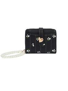 Floral PU Leather Short Wallet, Heart Buckle Card Holder With Pearl Shoulder Strap, Cute Coin Purse With Card Slots - Multicolor - View 12
