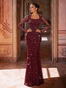 QOQ Women's Long Sleeve Mesh Rhinestone Formal Evening Gown, Square Neck Bodycon Mermaid Prom Dress, Elegant Cocktail Wedding Guest Party Maxi Dresses - Burgundy - View 7