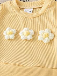 Autumn/Winter Baby Girl Cute Stylish Cream 3D Floral Long Sleeve Set & Plaid Patchwork 2 In 1 Top With Drapey Ribbed Flare Pants Casual Outfit - Yellow - View 6