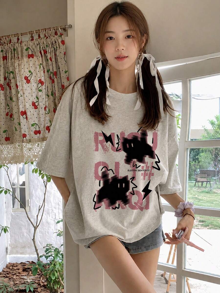 日系女式宽松休闲圆领字母卡通猫印花短袖T恤,春夏百搭 - 淺花灰 - 查看 1