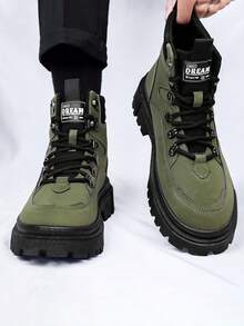 GAISIMA 新款男士對比飾邊軍綠色防滑厚底高筒皮革靴，秋冬復古戶外工裝踝靴 - 綠色 - 查看 5