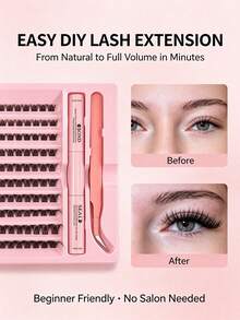 3 IN 1 Kit ,10‑18mm Mixed Length D Curl Individual Cluster Lashes Extension Kit, DIY False Eyelash Set With Bond, Seal Glue & Lash Application Tools For Daily & Party Makeup - Pink - View 2