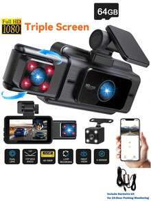 Kamera Dasbor Interior Depan dan Belakang 3 Saluran, Kamera Dasbor Mobil Full HD 1080P, Termasuk Kartu SD 128GB, Layar IPS 3 Inci, Penglihatan Malam, Sudut Lebar 170°, WDR, Pemantauan Parkir 24 Jam, Baterai 150mAh - A - View 7