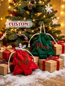 Personalized Christmas Gift Bag, Customized Name And Initial Drawstring Bag, Personalized Holiday Gift Bag, Customized Canvas Tote Bag, Christmas Gift Packaging, Holiday Party Decoration, Gift For Her, Gift For Him, Gift For Family And Friends - Multicolor - View 3
