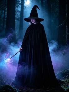 Halloween Black Velvet Witch Hat With Hood And Long Cape Set, Party Cosplay And Dark Wizard Costume Accessories - Black - View 4