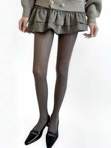 1 Pair Women's Grey Vertical Striped High Elasticity Slightly Sheer Soft Vintage Style Pantyhose, Suitable For Spring/Autumn Daily Commute And School Style Outfits - Multicolor - View 7