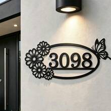 4 Sizes Available! Flower & Butterfly Metal House Number Address Sign,Personalized Address Plaque, Door Number, Hotel Room Numbers Sign - Black - View 4