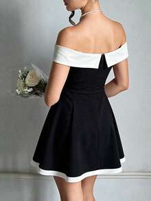 Women's Summer Contrast Trim Waist-Cinching A-Line Elegant Party Dress, Evening Gown, Gathering - Black - View 4