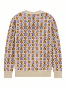 Vintage Jacquard Round Neck Knitted Button-Up Cardigan Ditsy Floral Long Sleeve Women's Open Front Sweater - Khaki - View 5