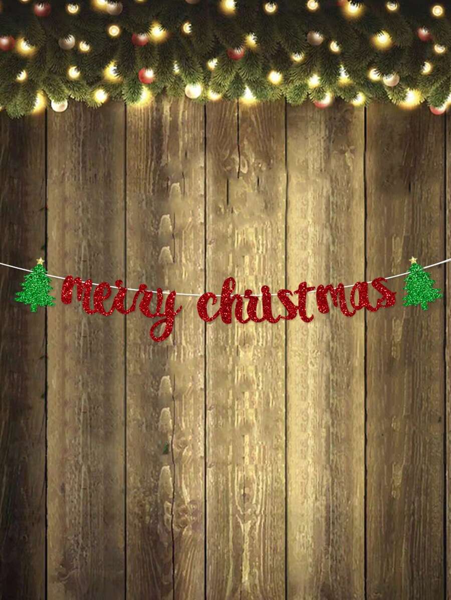 1pc Merry Christmas Party Banner, Christmas Tree Garland, Holiday Background Decoration Banner - View 1