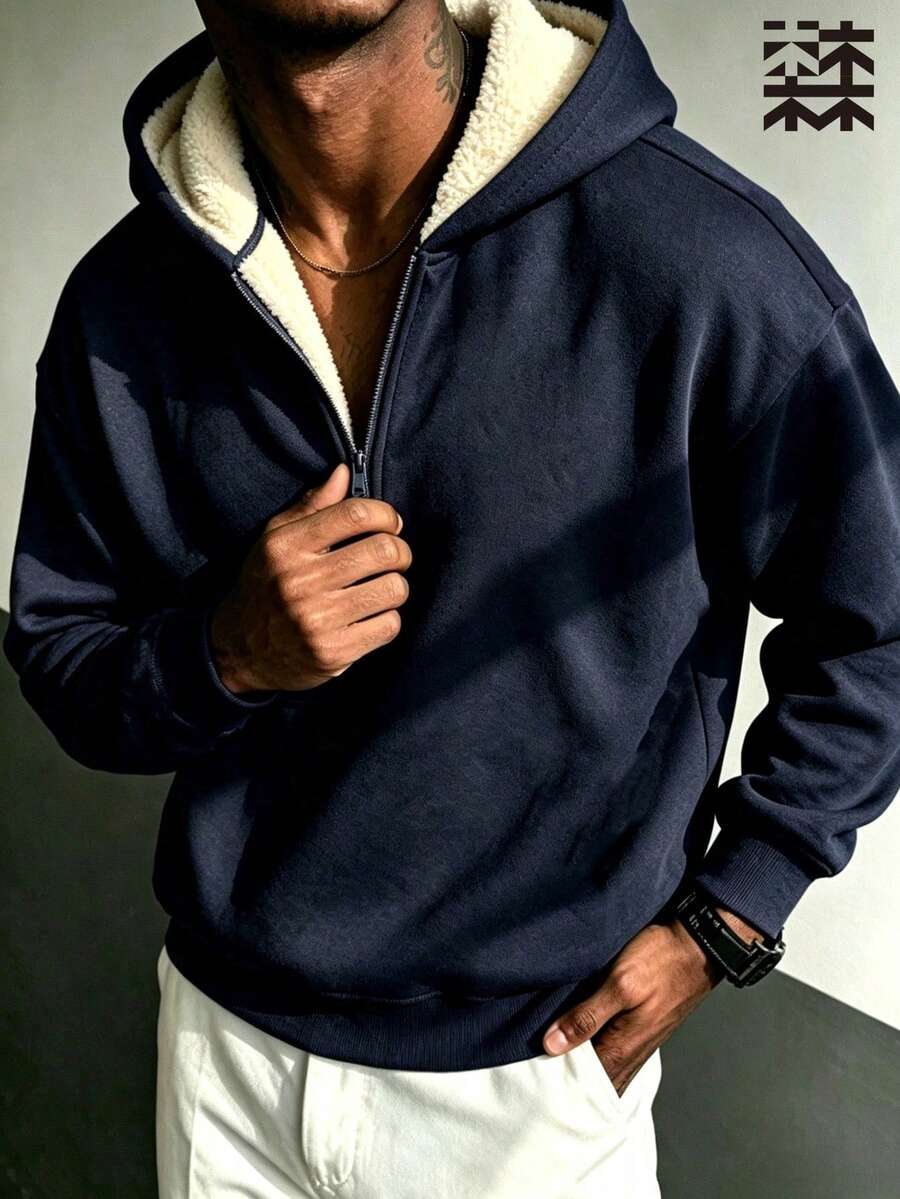 mulinsen Men's Off-Shoulder Long Sleeve Half-Zip Hooded Sweatshirt, Thick Warm Pullover, Suitable For Autumn/Winter Daily Wear - Navy Blue - View 1
