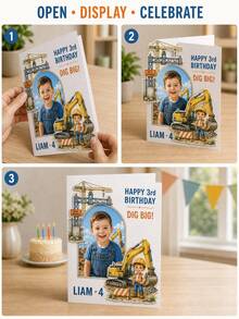 Customized Photo & Text Construction Birthday Card, Includes Child's Photo, Name And Age, Excavator & Construction Site Theme, Suitable For Construction Themed Birthday Party, Special Commemorative Gift For Boys - Multi-color - View 4