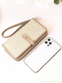 Women's Mini Handheld Phone Wallet, Exquisite Clasp Colorblock Patchwork Soft PU Long Wallet, Multi-Functional Large Capacity ID Card Holder, Zipper Coin Purse, Lightweight And Fashionable - Apricot - View 3