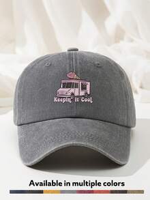1pc Keepin It Cool Ice Cream Truck Baseball Cap Washed Polyester Distressed Dad Hat Casual Adjustable Size Printed Retro Sun Cap - A - View 1