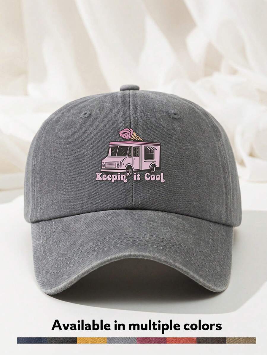 1pc Keepin It Cool Ice Cream Truck Baseball Cap Washed Polyester Distressed Dad Hat Casual Adjustable Size Printed Retro Sun Cap - A - View 1