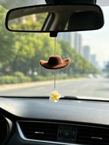 1pc Cowboy Hat Flower Pendant Car Rearview Mirror Hanging Decoration Car Interior Decor Accessory - A - View 1