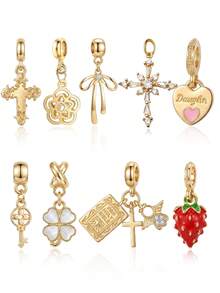 1Pc Gold Plated Dangle Charms, Cross Flower Heart Strawberry Beads Pendant Fit Bracelet - Multicolor - View 2