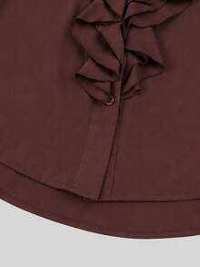 Women's Brown V-Neck Ruffle Blouse, Flared Sleeve Elegant Button-Down Shirt, Suitable For Commute, Outings, Dates And Afternoon Tea, Autumn Outfit - Coffee Brown - View 9