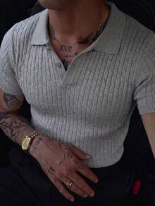 Men's Casual Classic Cable Knit Regular Shoulder Polo Collar Short Sleeve Top, Suitable For Summer - Light Grey - View 6