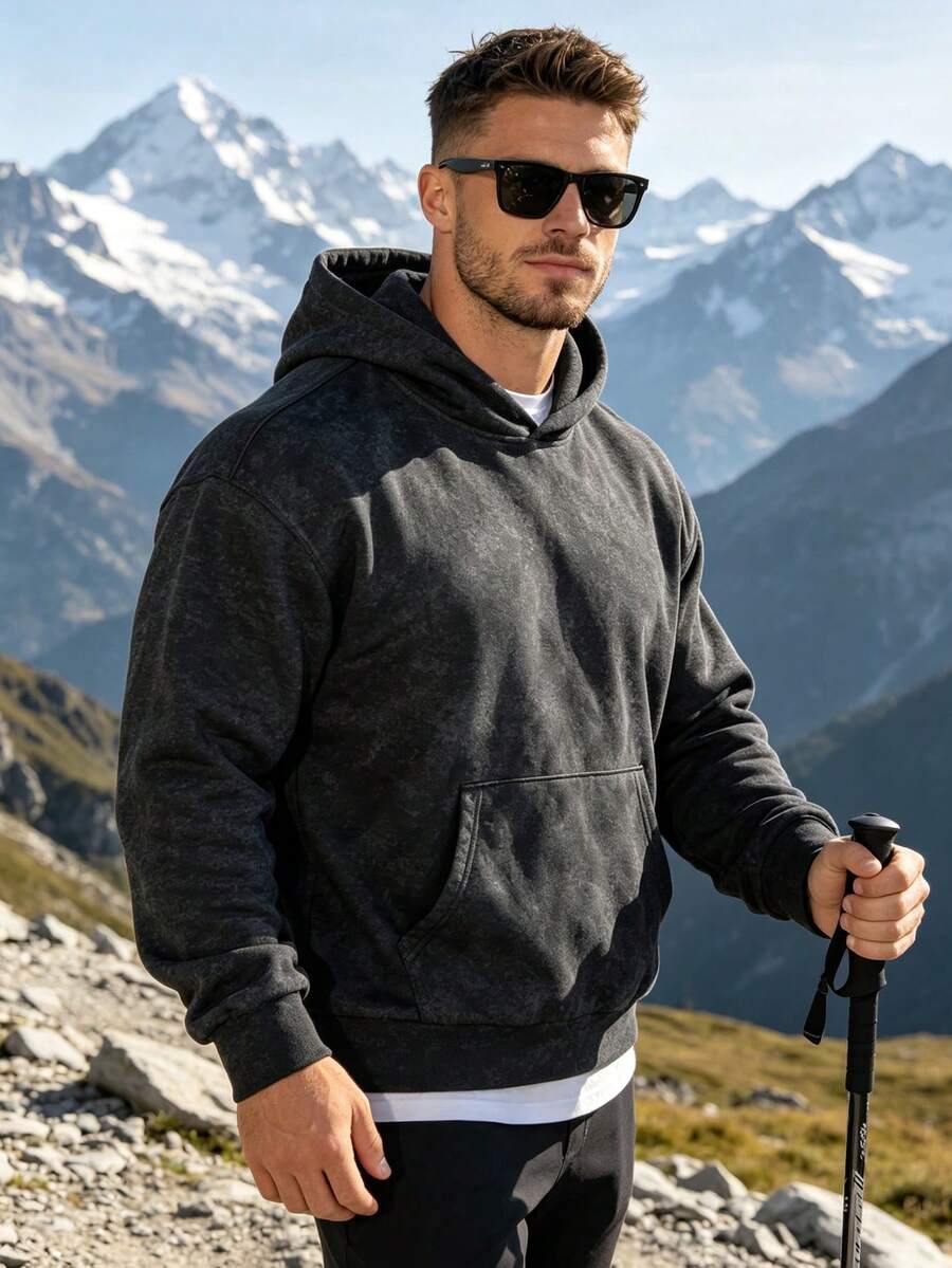 هودي رجالي كاجوال بتصميم بسيط بلون موحد مع جيب كانغارو ورباط، مناسب للتنقل اليومي، خريف/شتاء - الأسود - مشاهدة 1