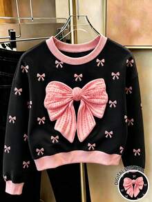 Youth Girl Bowknot Pattern Print Crew Neck Long Sleeve Sweatshirt - Black - View 1