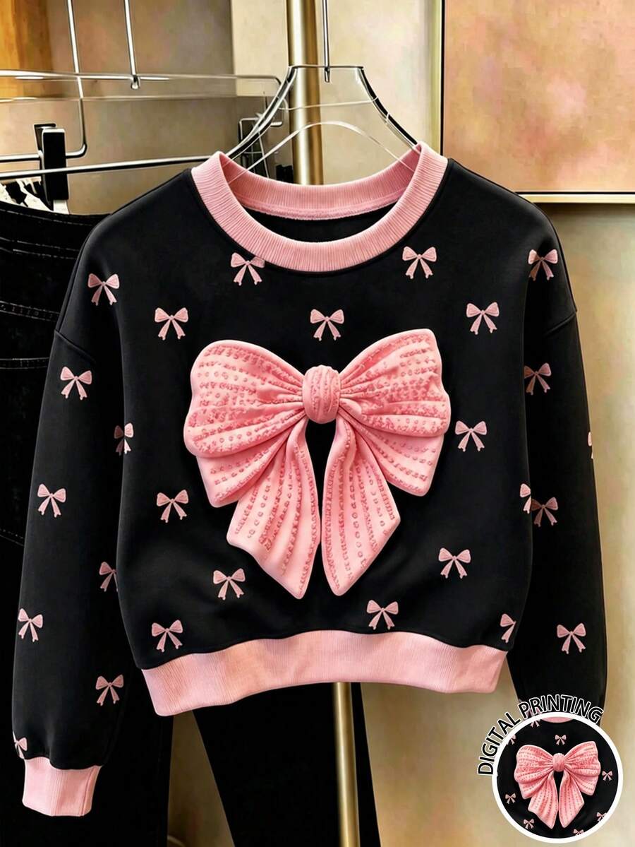 Youth Girl Bowknot Pattern Print Crew Neck Long Sleeve Sweatshirt - Black - View 1