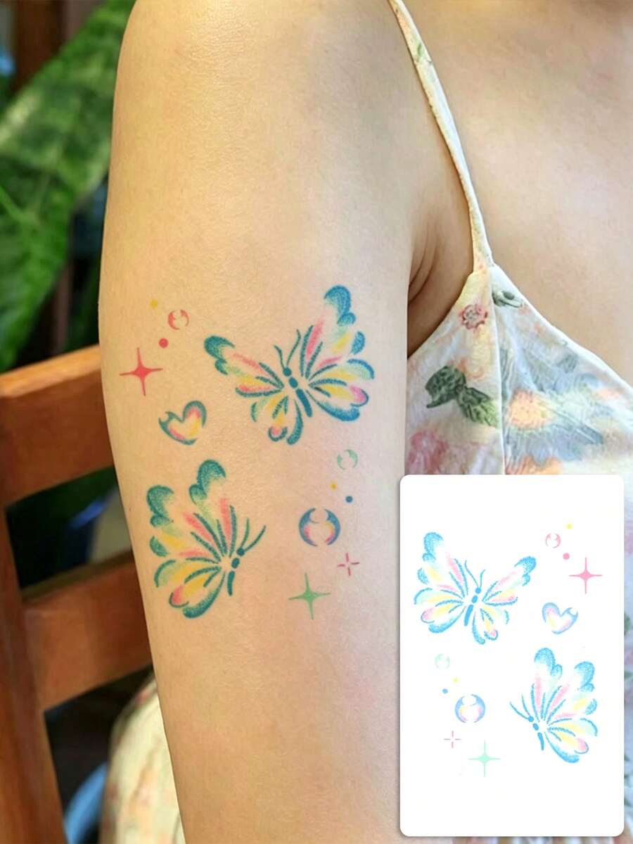 1 Sheet Pastel Gradient Butterfly Temporary Tattoo Sticker, Cute Sparkle Heart Star Pattern Waterproof Fake Tattoo For Shoulder Arm Body Decor For Girls - Multicolor - View 1