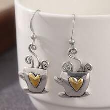 Cute Coffee Cup Pendant Earrings, Vintage Elegant Long Design, Charming Heart Earrings - Silver - View 8