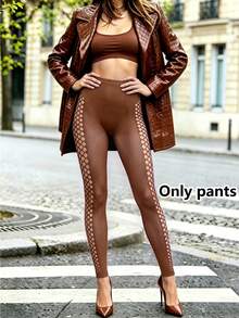 1 Pair Women Brown High Waist Stirrup Fishnet Mesh Leggings, Scallop Trim Sheer Streetwear Club Pantyhose - Coffee Brown - View 6