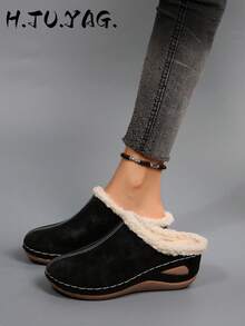 Plus Size Women's Autumn/Winter Wedge Heel Slip-On Slippers, Fashion Minimalist Faux Thermal Lined Closed Toe House Shoes, Comfortable And Lightweight For Daily Wear And Indoor,Fur Shoes,Mule Shoes - Black - View 2