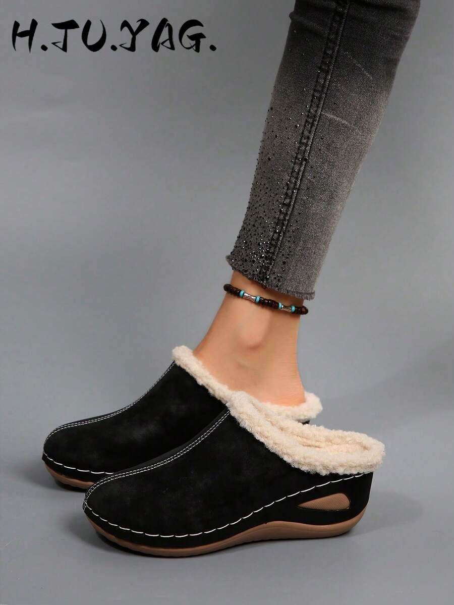 Plus Size Women's Autumn/Winter Wedge Heel Slip-On Slippers, Fashion Minimalist Faux Thermal Lined Closed Toe House Shoes, Comfortable And Lightweight For Daily Wear And Indoor,Fur Shoes,Mule Shoes