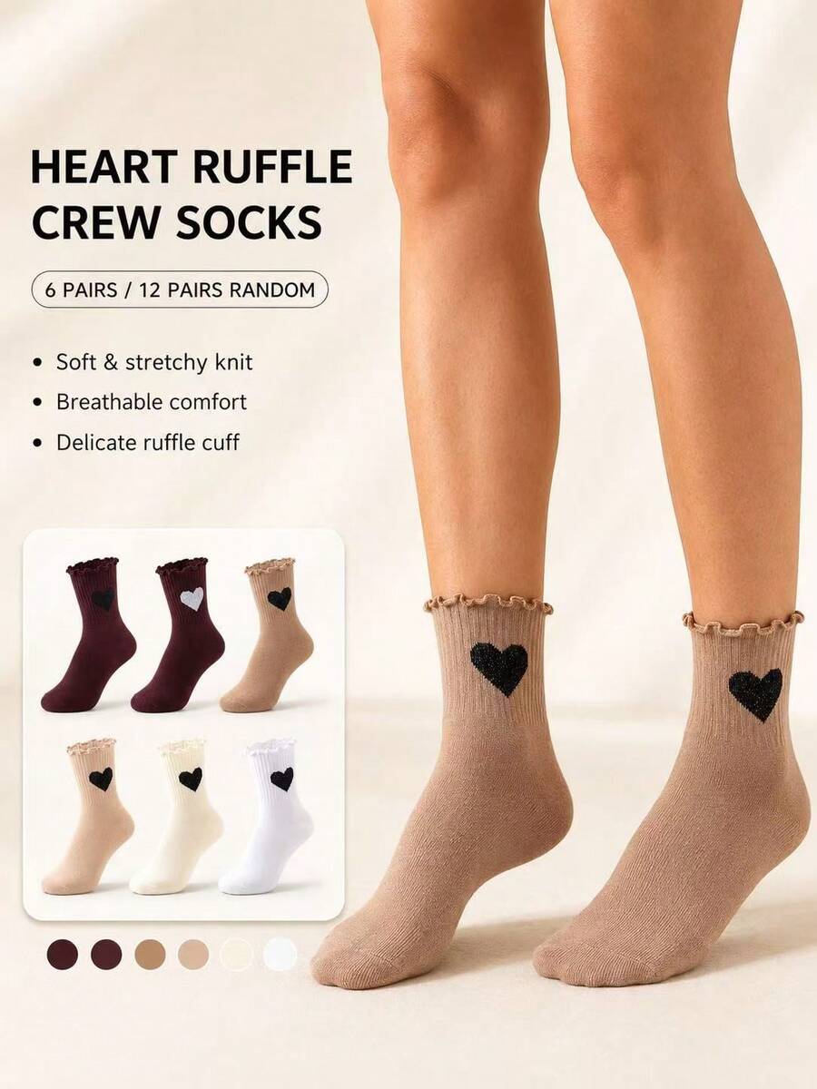 6 Pairs/12 Pairs Random Women's Heart Embroidery Ruffle Trim Crew Socks, Cute Knitted Soft Breathable Casual Everyday Socks - Multicolor - View 1