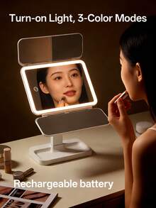 1pc LED Lighted Makeup Mirror, 2x/3x Magnifying Tri-Fold Vanity Mirror, Rechargeable Touch Control Cosmetic Mirror With Base, Portable Bedroom Travel Makeup Mirror, Light, Makeup Highlight, Mirror, Mirror Light, Vanity Light, Facial Lighting, Mirror Lighting, Suitable For Daily Makeup On Vanity, 800mAh - 3-in-1 Makeup Mirror Light - View 3