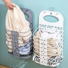 1pc Foldable Large Capacity Wall-Mounted Plastic Storage Basket, No-Drill With Hooks, Space-Saving Hanging Laundry Basket, Suitable For Bathroom - View 9