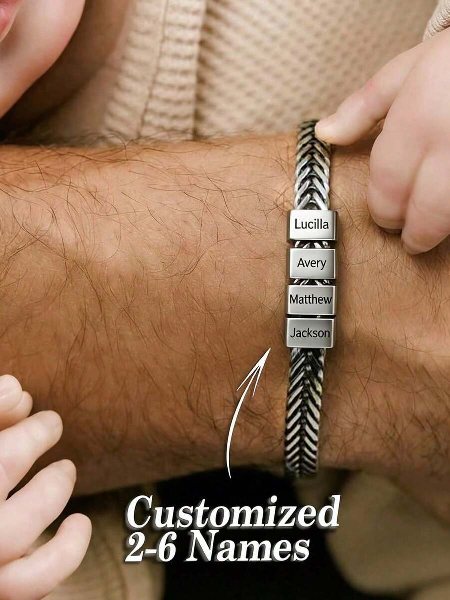 1pc Engraved Men's Bracelet, Stainless Steel Customized Bracelet, Gold Bracelet, Silver Bracelet, Gift For Dad, Customizable Family Member Names, Family Jewelry, Family Surname Bracelet, Husband Gift, Father's Day Gift 2026 - Multicolor - View 1