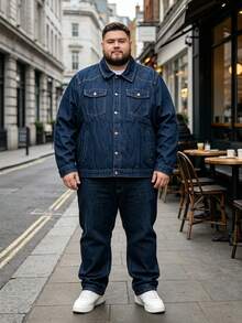 Men Denim Jacket Loose Plus Size Dark Blue Washed Button Front Lapel Collar Long Sleeve Coat With Chest Pockets Casual Spring Fall Outerwear - Navy Blue - View 1