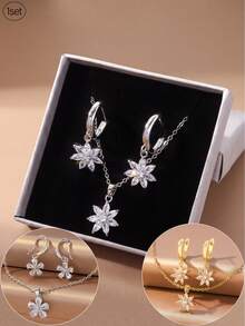 3pcs/Set Exquisite High-End Design Zirconia Inlaid Flower Pendant Necklace & Gold Earrings/Flower Necklace Set Women's Jewelry Accessories Party Decoration Gift - Silver - View 13