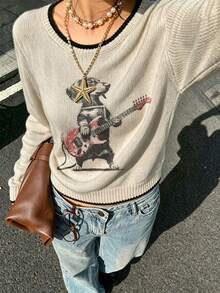 LOVE JOYY Women Fall Winter Cream Crew Neck Sweater, Guitar Puppy Retro Print Contrast Trim Oversized Drop Shoulder Pullover - Apricot - View 4