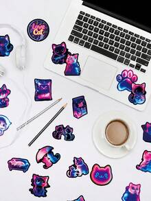56Pcs PP Fluorescent Neon Cool Cute Cat Stickers, Cyberpunk Decor Elements Of Astronaut, Wizard And Party‑Themed Kittens, Suitable For Notebooks, Suitcases, Game Console Shells, Water Bottles, Storage Boxes, Desks - Multicolor - View 3