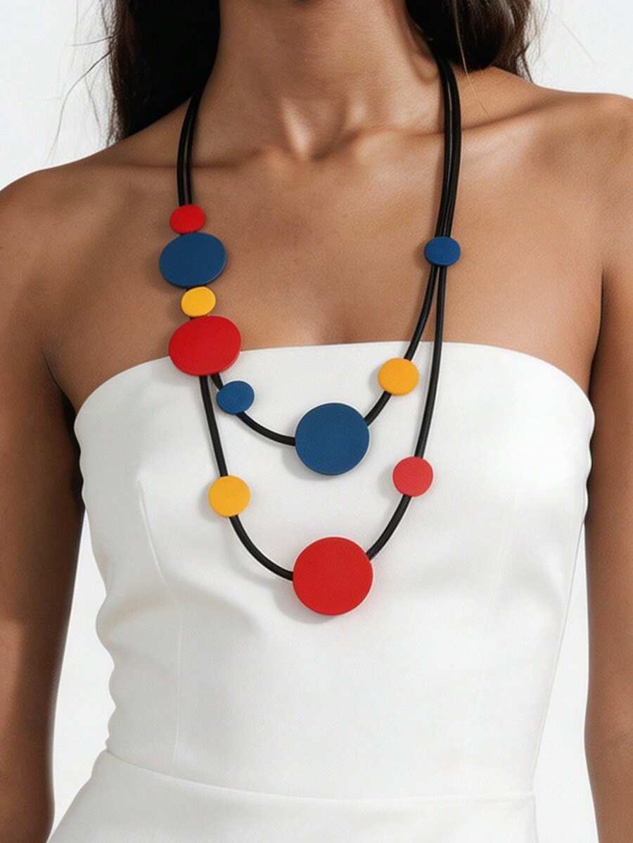 MARLIWOO 1pc Vintage Colorblock Multi-Layer Long Necklace, Colorful Bohemian Party Niche Jewelry - Colorful - View 1