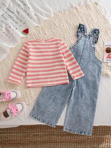 Autumn/Winter Baby Girl Pink & White Striped Bubble Texture Long Sleeve Inner Shirt & 3D Towel Embroidery Watermelon & Washed Denim Wide Leg Overalls 2 Pieces Set - Pink - View 2