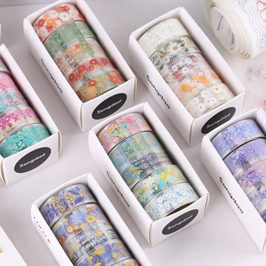 5 Rolls Highly Attractive Transparent Floral Washi Tape Set, Fresh Flower & Plant Scrapbooking Collage Decorative Material - Washi Tape - View 1