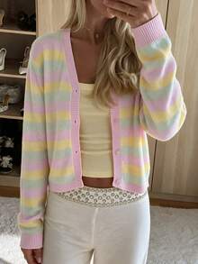 FOR BEAUTY Fall Winter French Chic Pastel Striped V Neck Button Front Knit Cardigan Sweater Tops Outerwear Women Street Coffee Dating Outfits - Multicolor - View 5