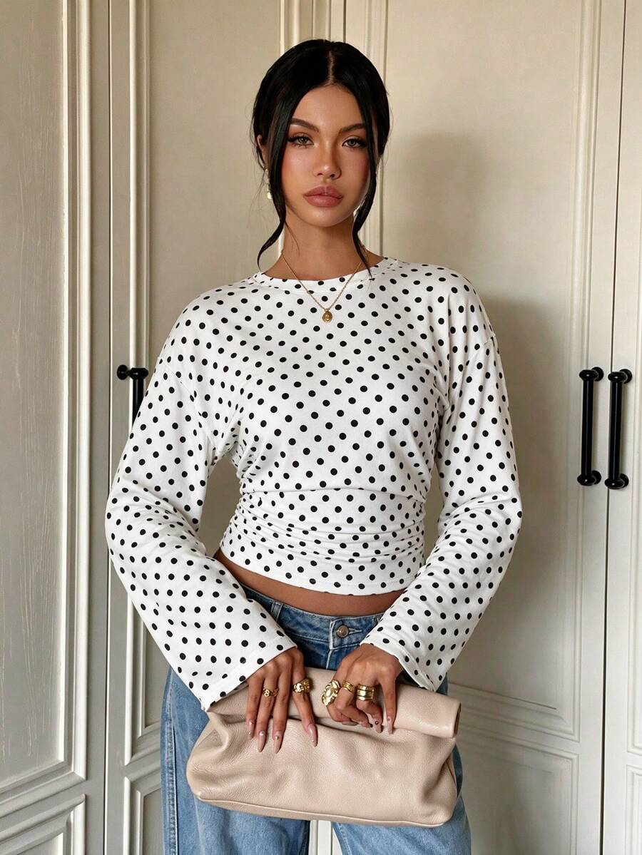 Casual Fashion Polka Dot Print Round Neck Ruched Waist Slimming Women's T-Shirt, Autumn/Winter New Arrival - White - View 1