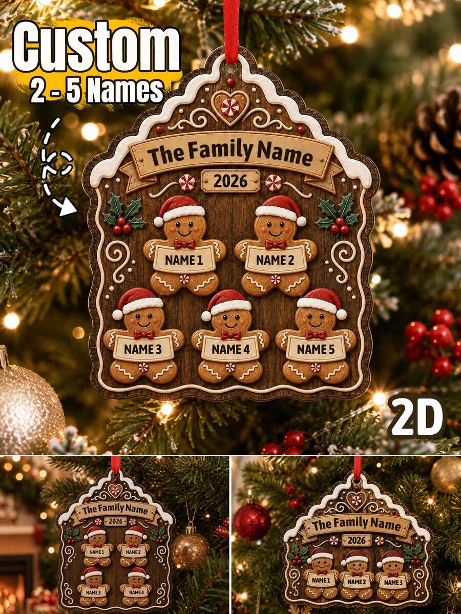 Custom Gingerbread Family Christmas Ornament, Personalized 2-5 Names Holiday Tree Decor, Festive Gingerbread House Style, Customized Family Keepsake, Customizable Name Hanging Ornament, Christmas Home Decor, Holiday Gift 2026, Christmas Decorations - Style D - View 1