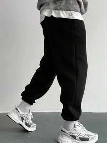 Men's Music Note Print Winter 3-Layer Fleece Lined Loose Fit Elastic Cuff Pure Cotton Black Jogger Sweatpants - Black - View 3