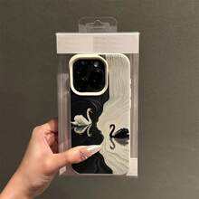 1件個性化天鵝波點美學圖案黑色液態直邊手機殼，適用於 iPhone 16/16 Pro/16 Plus - 彩色 - 查看 2
